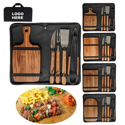 Portable BBQ Cutting Board Set Camping Cooking Utensil Kit with Knife, Fork, Tongs,Storage Bag
